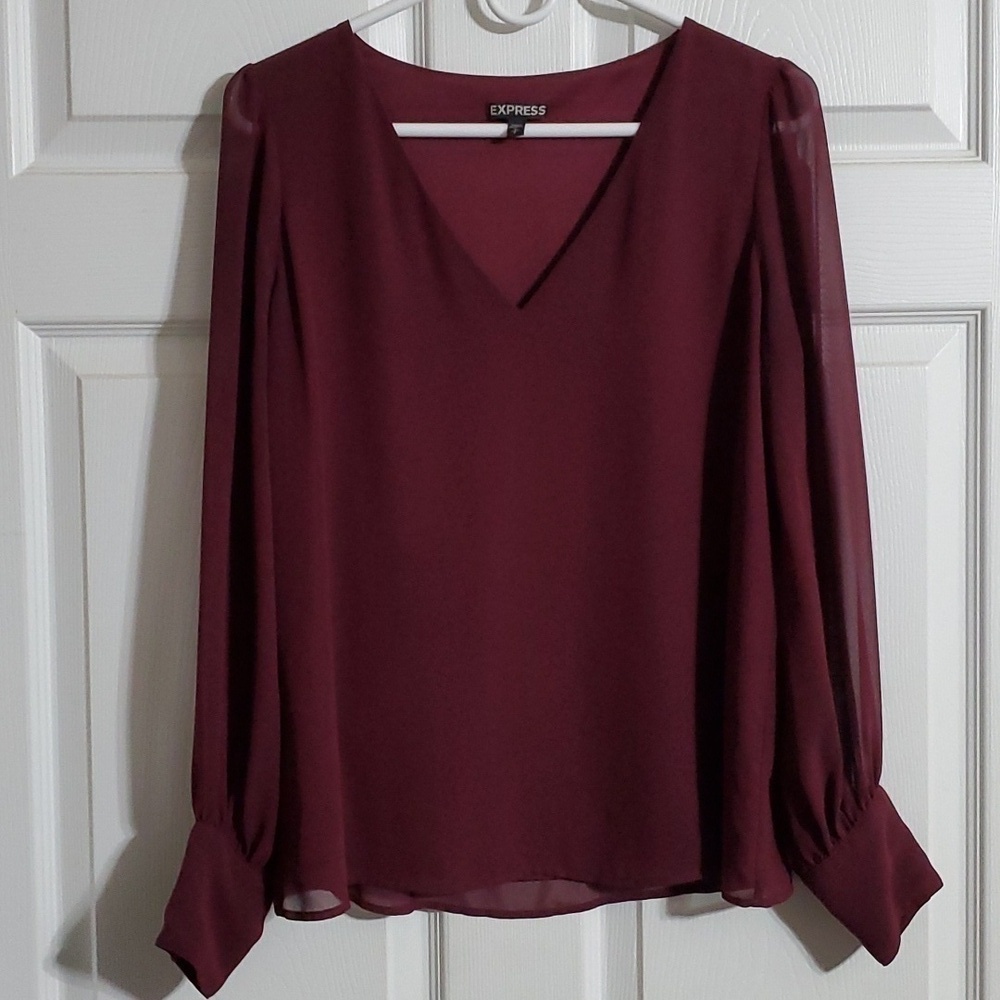 Express Women's Burgandy  Lined Bodice Sheer Long Sleeve V Neck Top Size Small